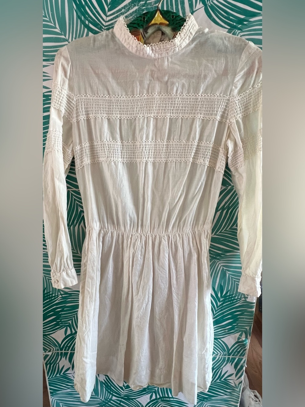 Vintage villager Edwardian Cream Long-Sleeve Lace-Trim Smocked Waist Dress Sz 14